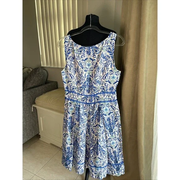 Tory Burch Ramona Fit & Flare Dress Floral Blue Silk Blend celeb Runway 12 $450 - Picture 11 of 16